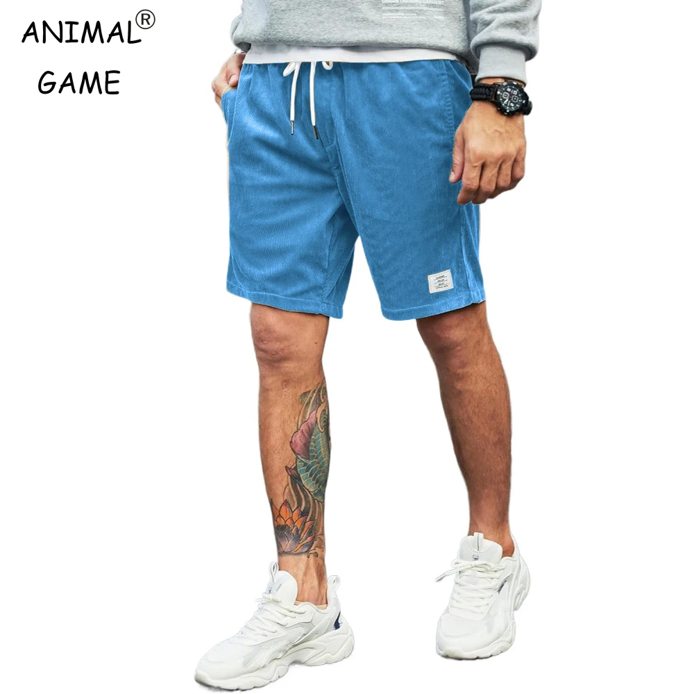 Summer Men's Corduroy Shorts with Pockets Elastic Waist Drawstring Cargo Casual Shorts Fitness Breathable Pants Sport Sweatwear