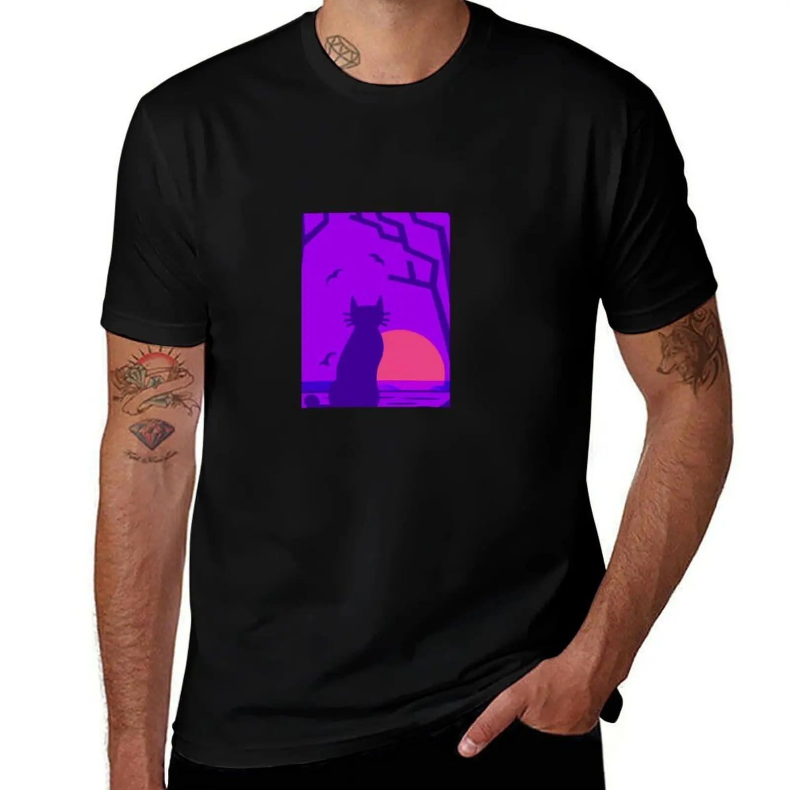 

A Cat and Sunset Sticker T-Shirt clothes hippie clothes Short sleeve tee tees T-shirt men