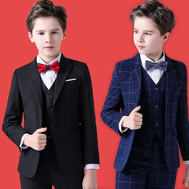 Spring Big Boys Top Quality Plaid Wedding Suit Teenager Kid Formal Tuxedo Bowtie Dress Children Blazer Party Performance Costume