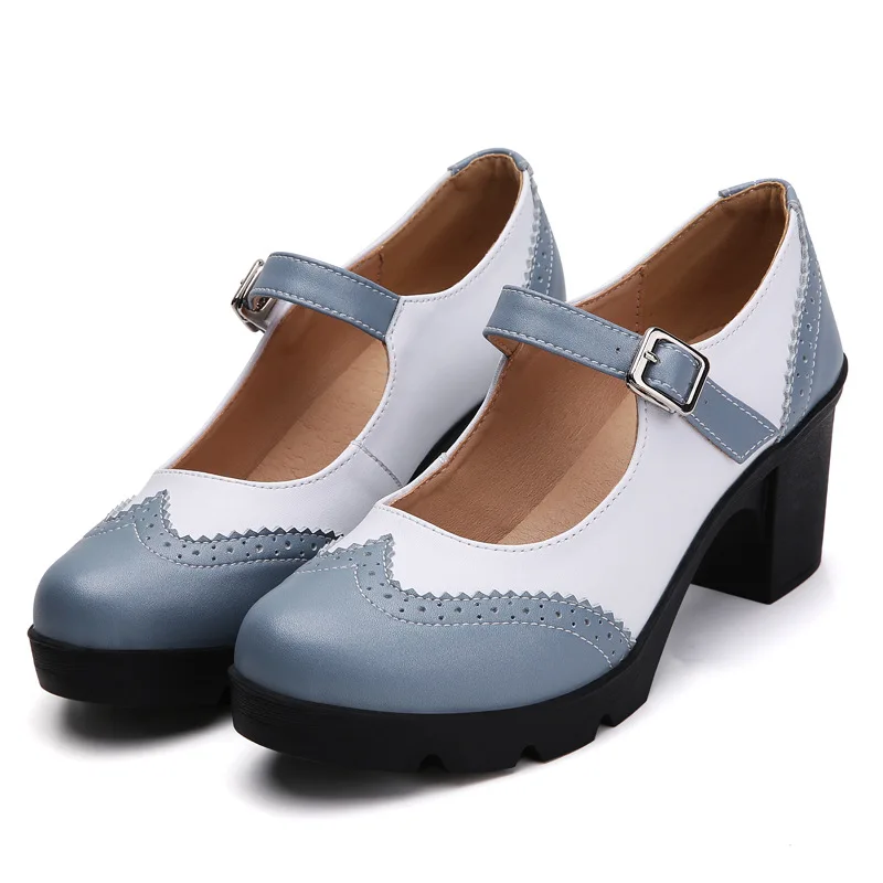 New Women Genuine Leather Buckle Strap Mary Janes Platform Shoes Woman Pumps High Heels Dress Shoes Retro Ladies Wedding Shoes