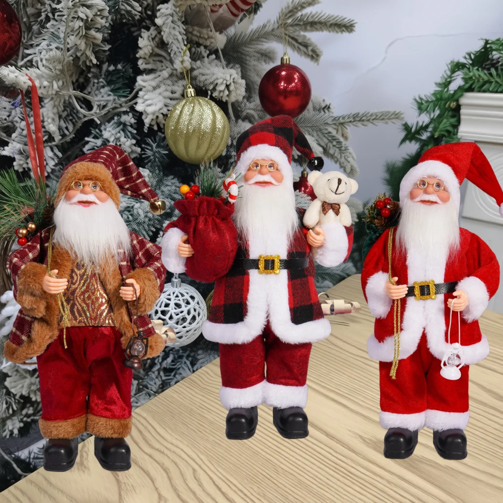 Estatuilla de Papá Noel de 12 pulgadas, decoración navideña de plástico y tela detallada con sombrero de barba de traje rojo para exhibición en interiores o regalo