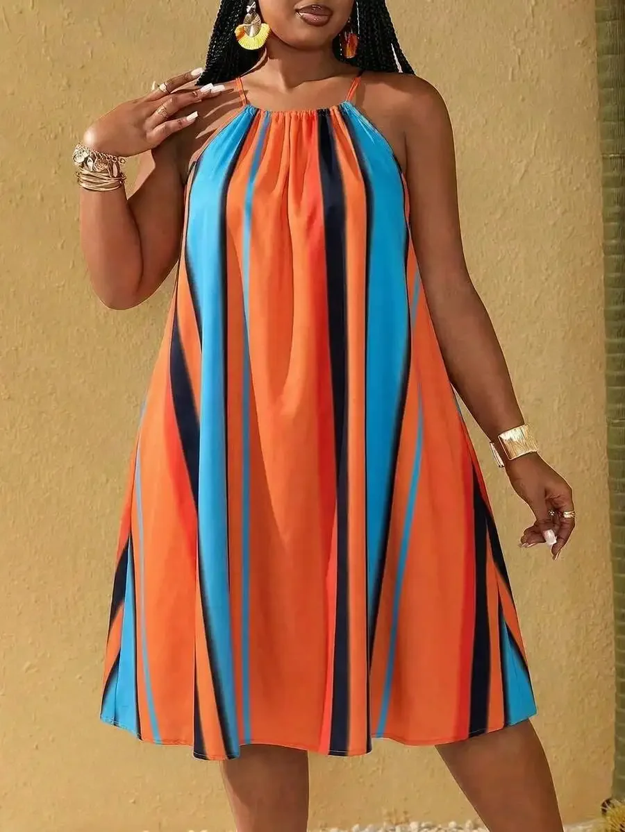 

Plus Size Womens Striped Halter Neck High-Low Hem Dress For Summer Vacation Resort Wear