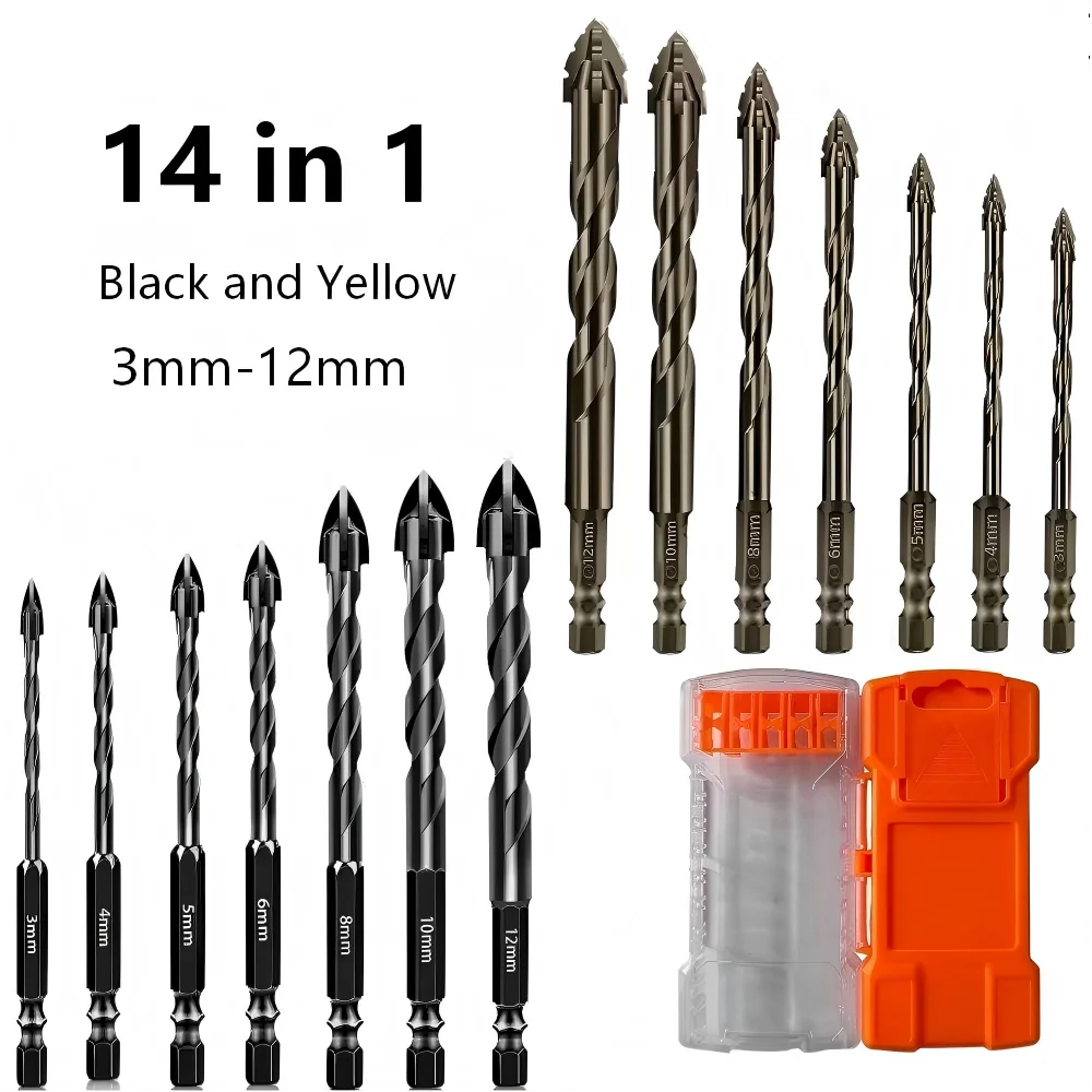 14PC Four‑Edged Eccentric Drill Bits 3‑12mm Dry Drilling for Tile Stainless Steel Concrete Marine Repair Tools with Storage Case