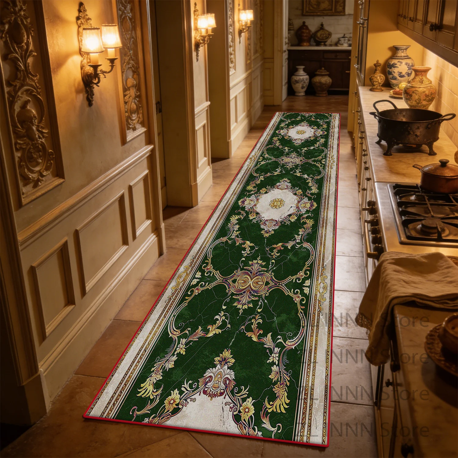 European Style Kitchen Long Non-slip Carpet Luxury Decoration Washable Corridor Runner Rug Living Room Bedroom Yoga Mat Custom