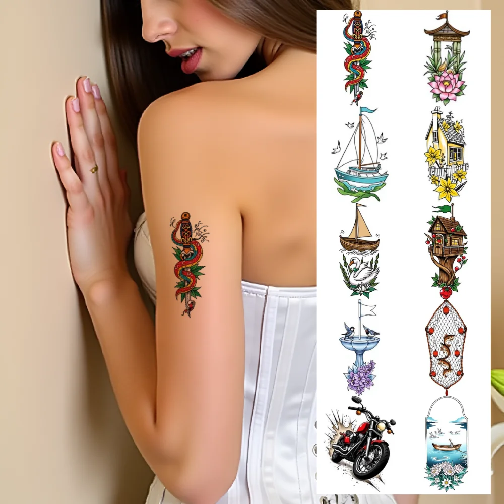 

28pcs Temporary Tattoo New School Traditional Sailboat Bench With Birds Motorcycle For Chest Women Adults