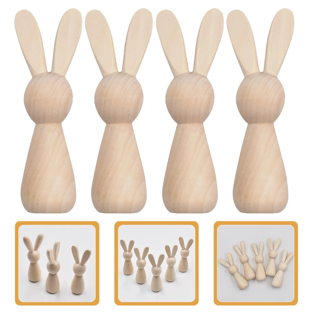 2 Pcs Wooden Bunny Crafts Painted Unpainted Peg Dolls Blank Child DIY Supplies Unfinished