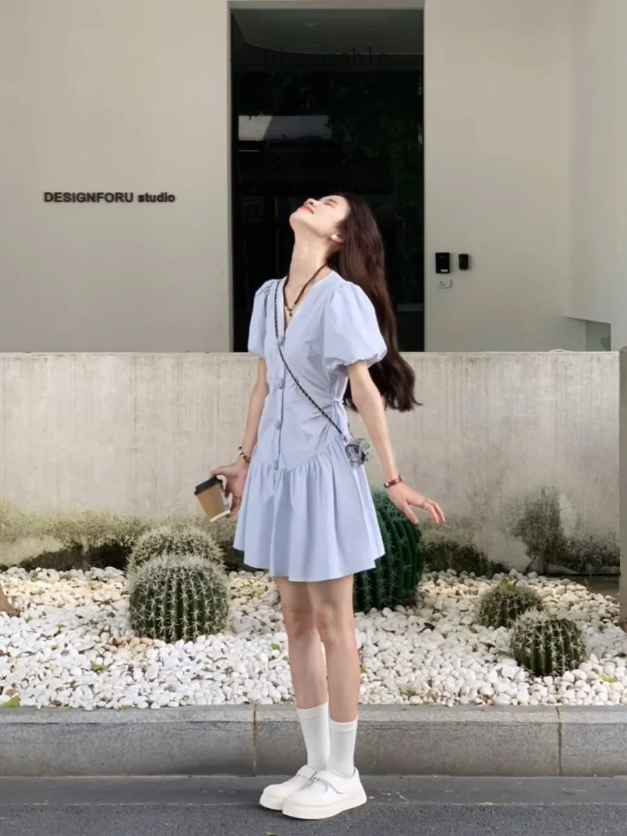 

XZY Ele Bubble Sve V-Ne A-Line ort Dr Women Summer Slimming Waist High Waist Commute Sle Polyester Fiber