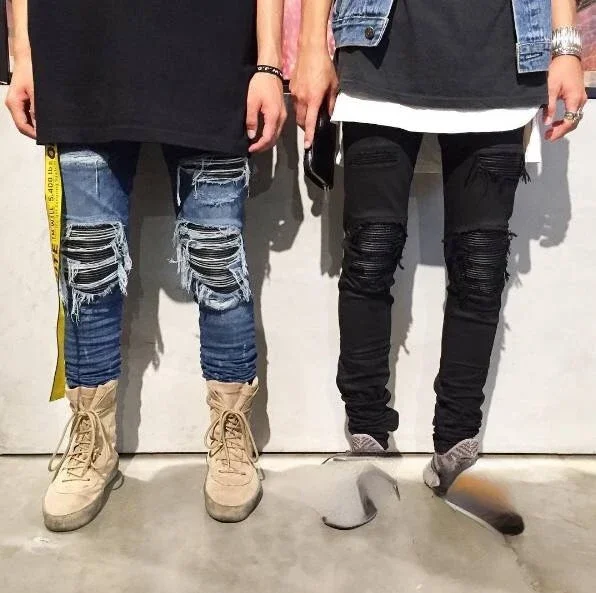 European and American Young Men's High Street Style Ripped Jeans, Fashionable and Trendy, Patched, Stretch, Slim-fit Trousers