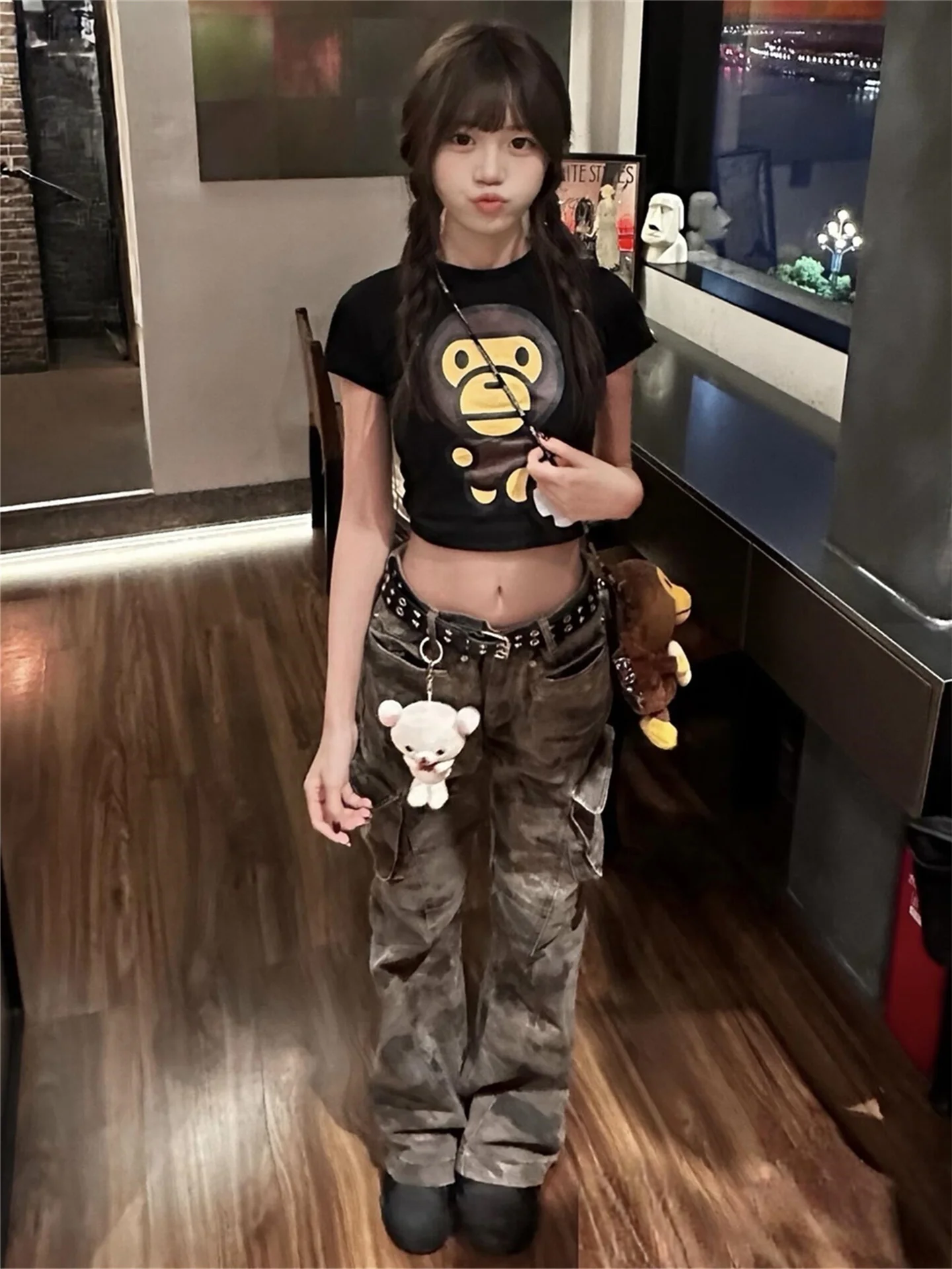 

Retro Camouflage Workwear Jeans Women's Slimming Mid-Low Waist Hot-Legged Multi-Pocket Floor-Length Micro-flared Pants