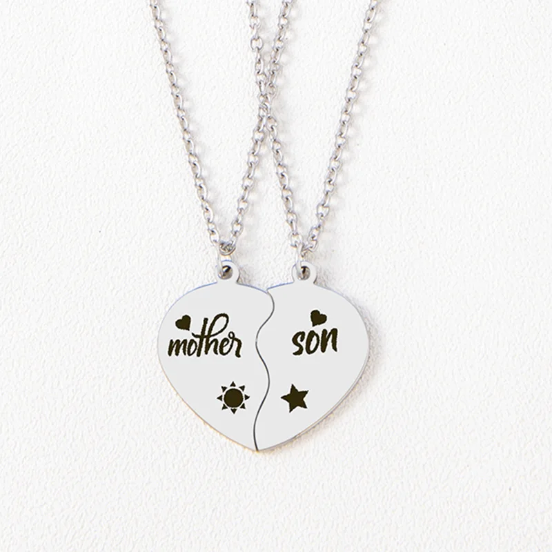 2Pcs/Set Mother Daughter Son Heart Puzzle Pendant Necklace Stainless Steel Sun Moon Necklaces For Mom Children Gift