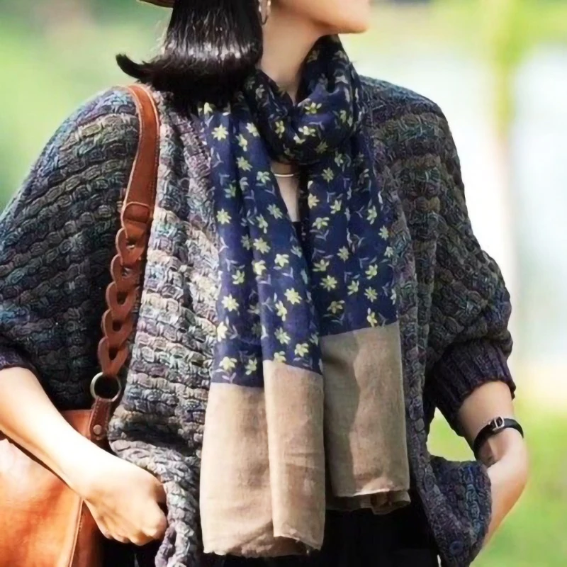 

Long Flower Patchwork Scarf Muslim Lightweight Cotton Scarf Black/Curry/Blue Islamic Fashion Turban Hood for Special Occasion