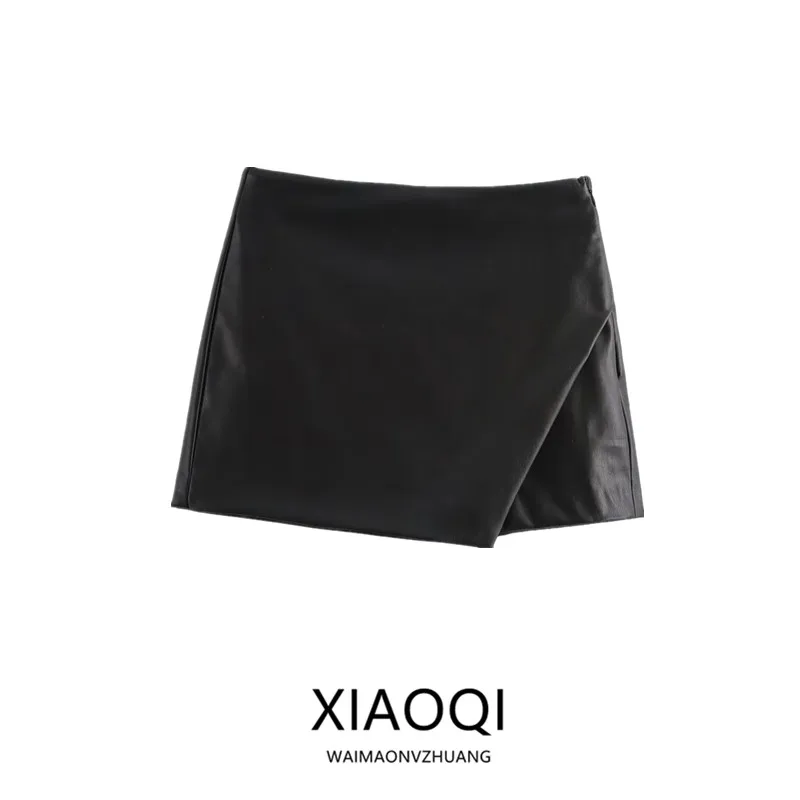 

Spring 2024 Women's Simple Versatile Asymmetrical PU Leather Mid-Waist A-Line Skirt Pants Aesthetic ort Skirt Faion