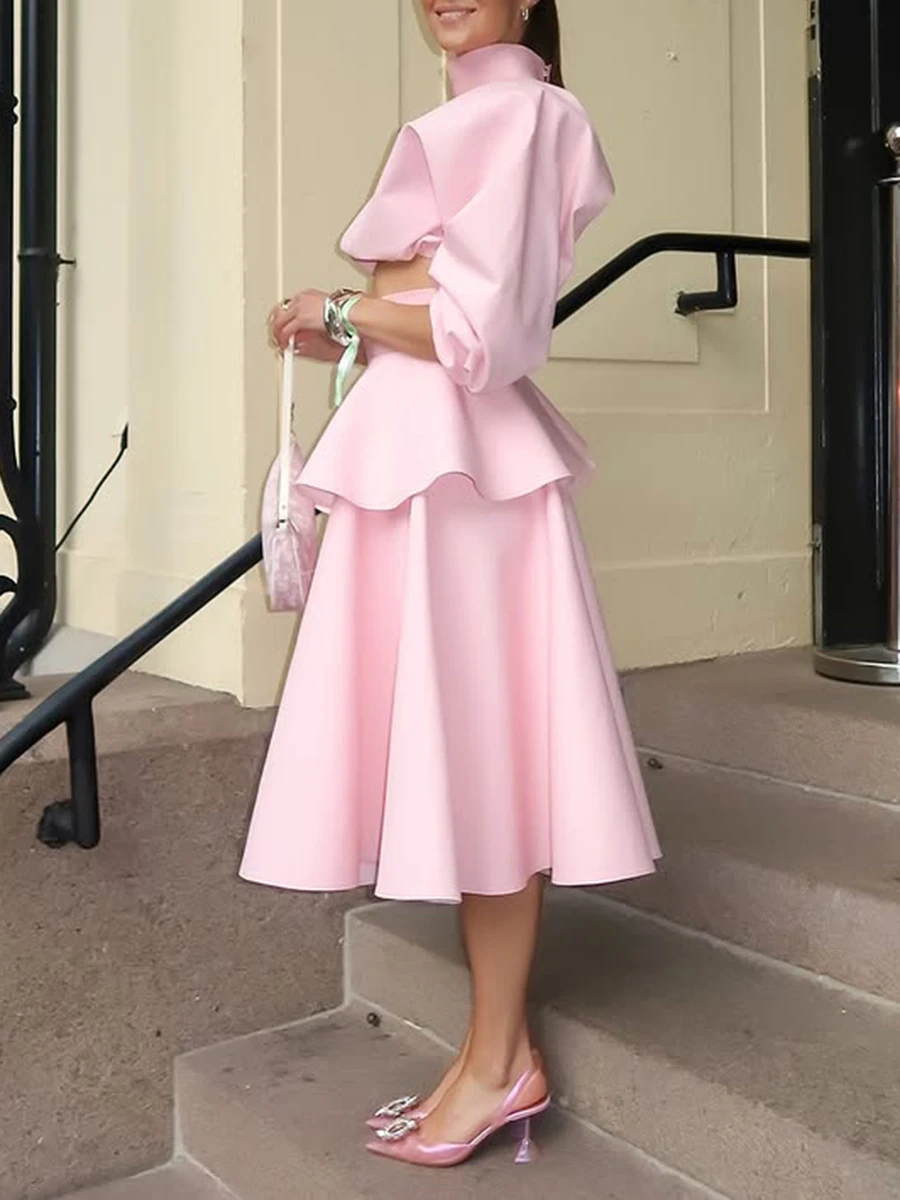 VGH Solide Lose Süße Zwei Stück Sets Für Frauen Rollkragen Halbe Hülse Kurze Top Hohe Taille Verstärktes Falten Rock Chic Set Weibliche