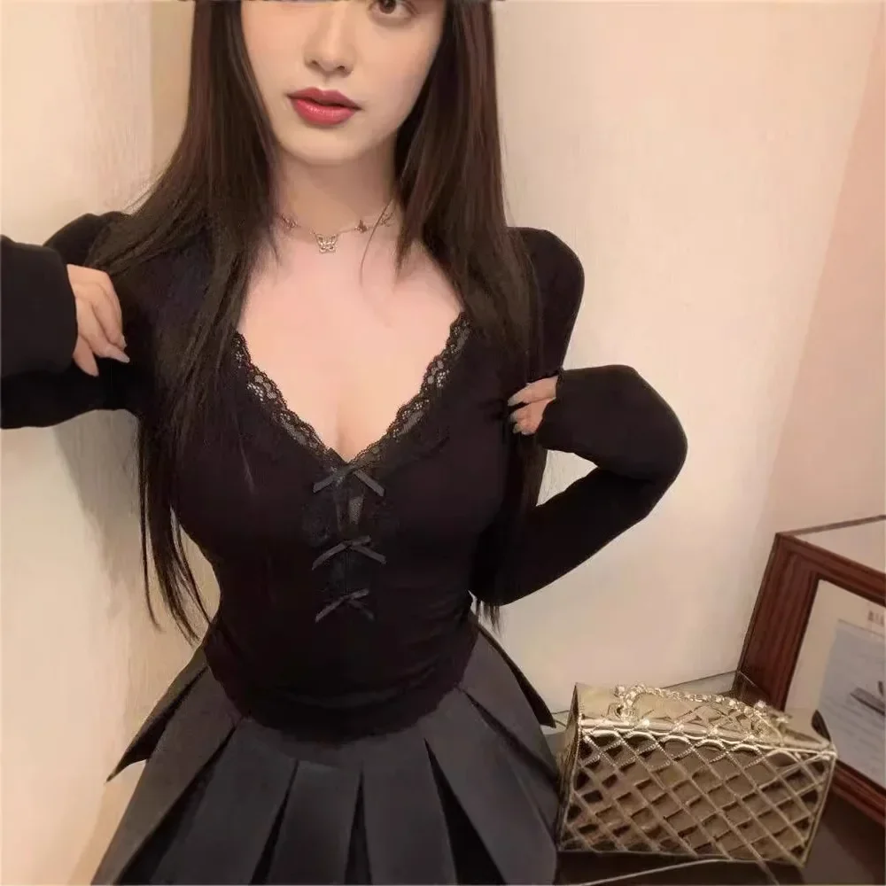 

2025 New Bowlace Flared V-Neck Long Sleeve Sun Protection Autumn Slimming Pure Desire Aesthetic Women's Top Spandex Material