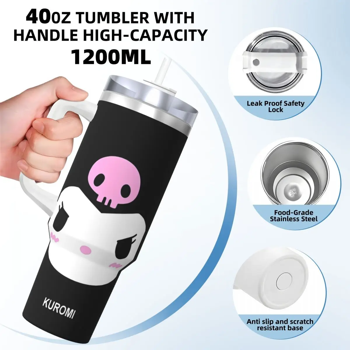 MINISO Kuromi Cartoon Stainless Steel Tumbler Travel Thermal Mug With Straws and Lid 40oz Mugs Cup Cold and Hot Water Bottle