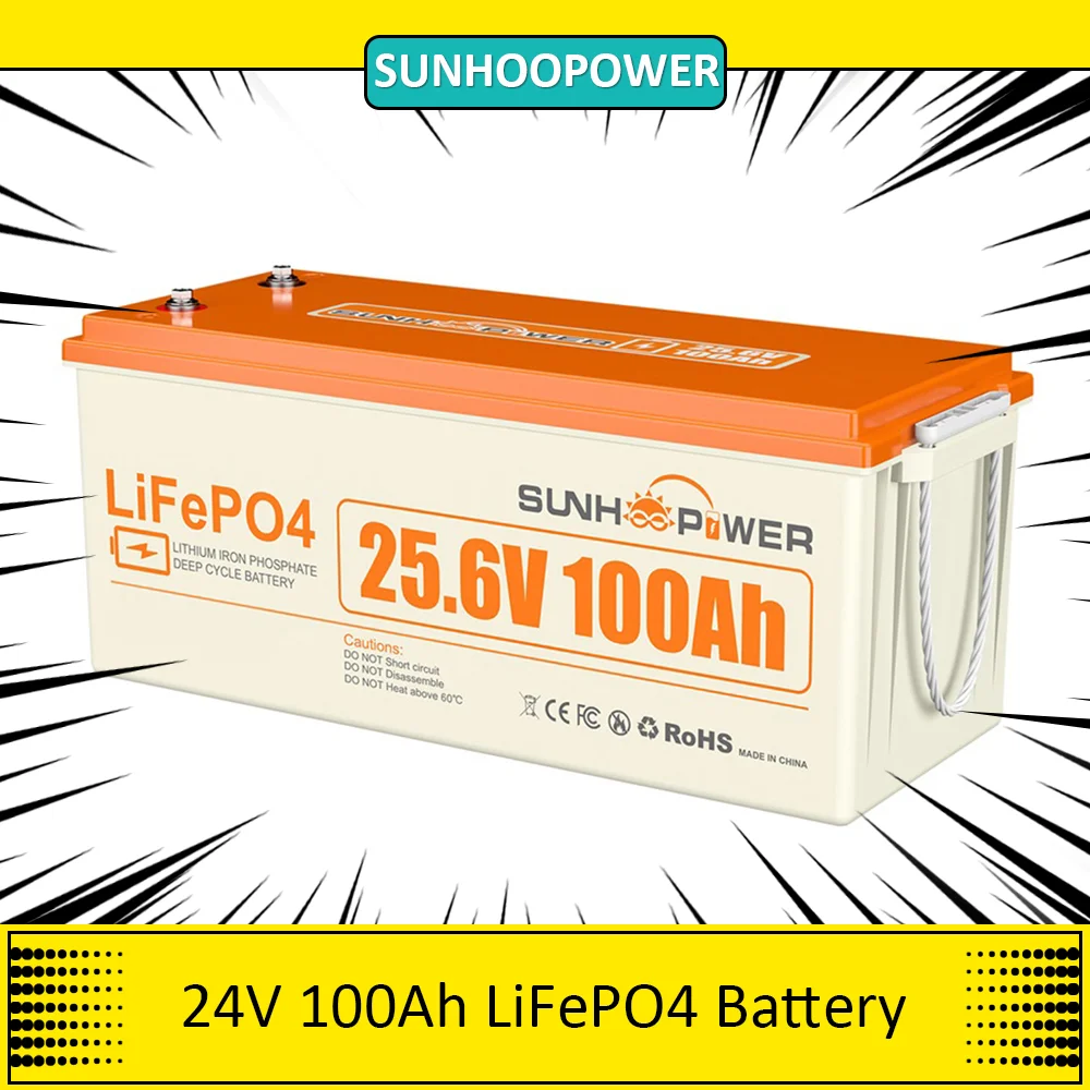 SUNHOOPOWER 24V 100Ah LiFePO4 Battery, 2560Wh Energy, Built-in 100A BMS, Max.2560W Load Power, Max. 100A Charge/Discharge, IP68