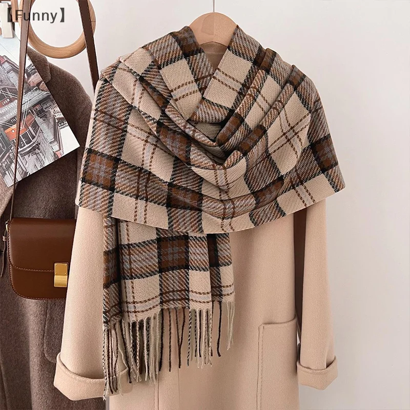 ómGrappig zas Sjaal Dames Winter Imitatie Kasjmier Plaid Modieus en veelzijdig Warm Student Ins Kwastje Sjaal