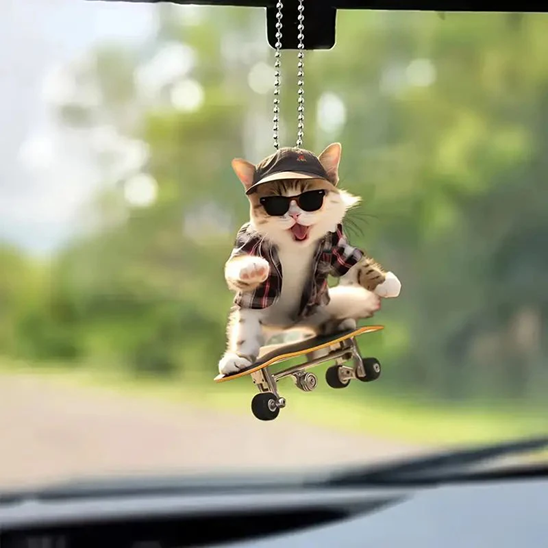 Creative Acrylic Flat 2D Cool Skateboarding Cat Pendant Auto Interior Car Pendant Interior Rearview Mirrors Ornament Car Decora