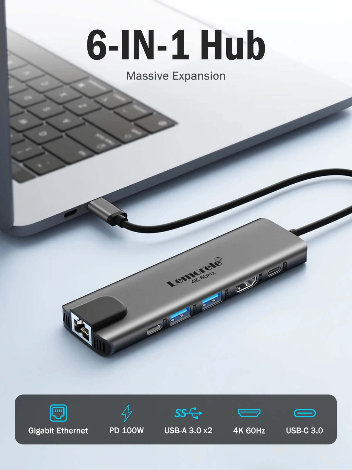 Lemorele TC44L 6 in-1 USB 3.0 HUB Type C Docking Station 4K@60Hz HDMI2.0 RJ45 1000Mbps Ethernet SD/TF Slot Macbook Pro Laptop