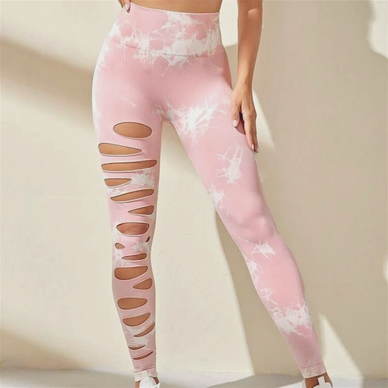Nahtlose Tie-Dye Ripped Hohl Yoga Hosen Hohe Taille Leggings Hüfte Training Hosen Sport Hosen Frauen Frauen Kleidung Sexy