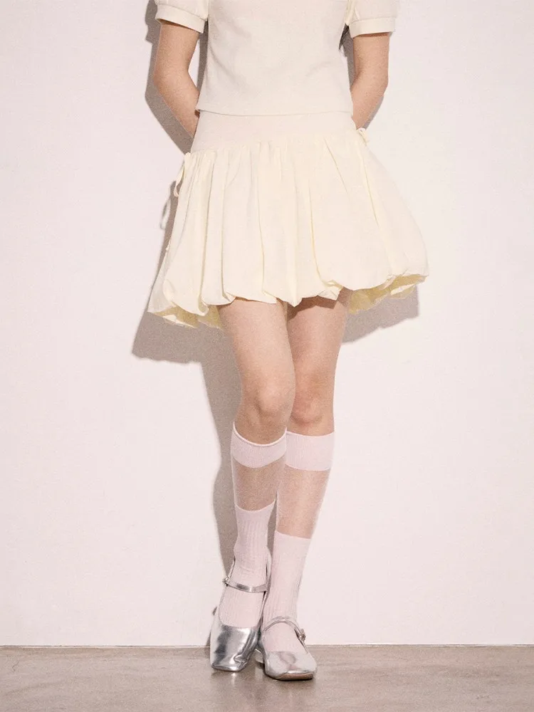 

Cream Kitten Butterflies Knot Flower Bud Skirt Short Women Summer Gathered Waist Half-length Puffy Skirt Cotton Blend Material