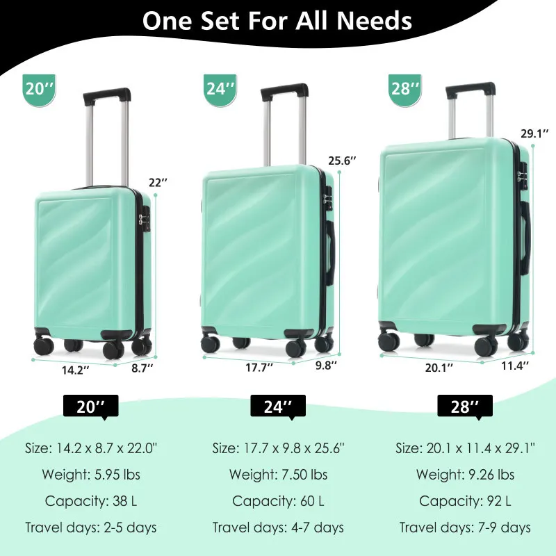 Set 3 Piece Lightweight Durable ABS Suitcases With Spinner Wheels And  Lock Carry On  Checked Travel