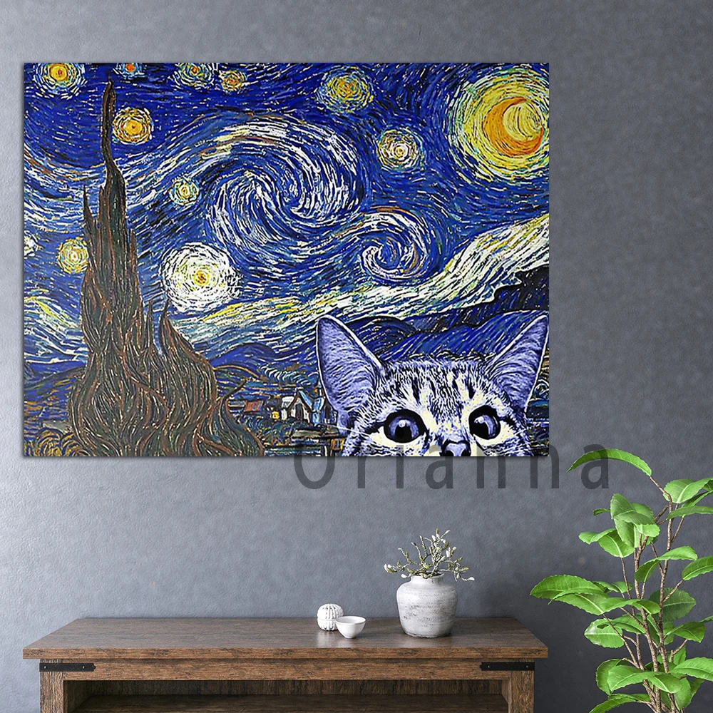 

Starry Night Cat Van Gogh Retro Poster And Prints On Canvas Wall Art Picture For Living Room Cuadros Home Decor Gift Animal Cat