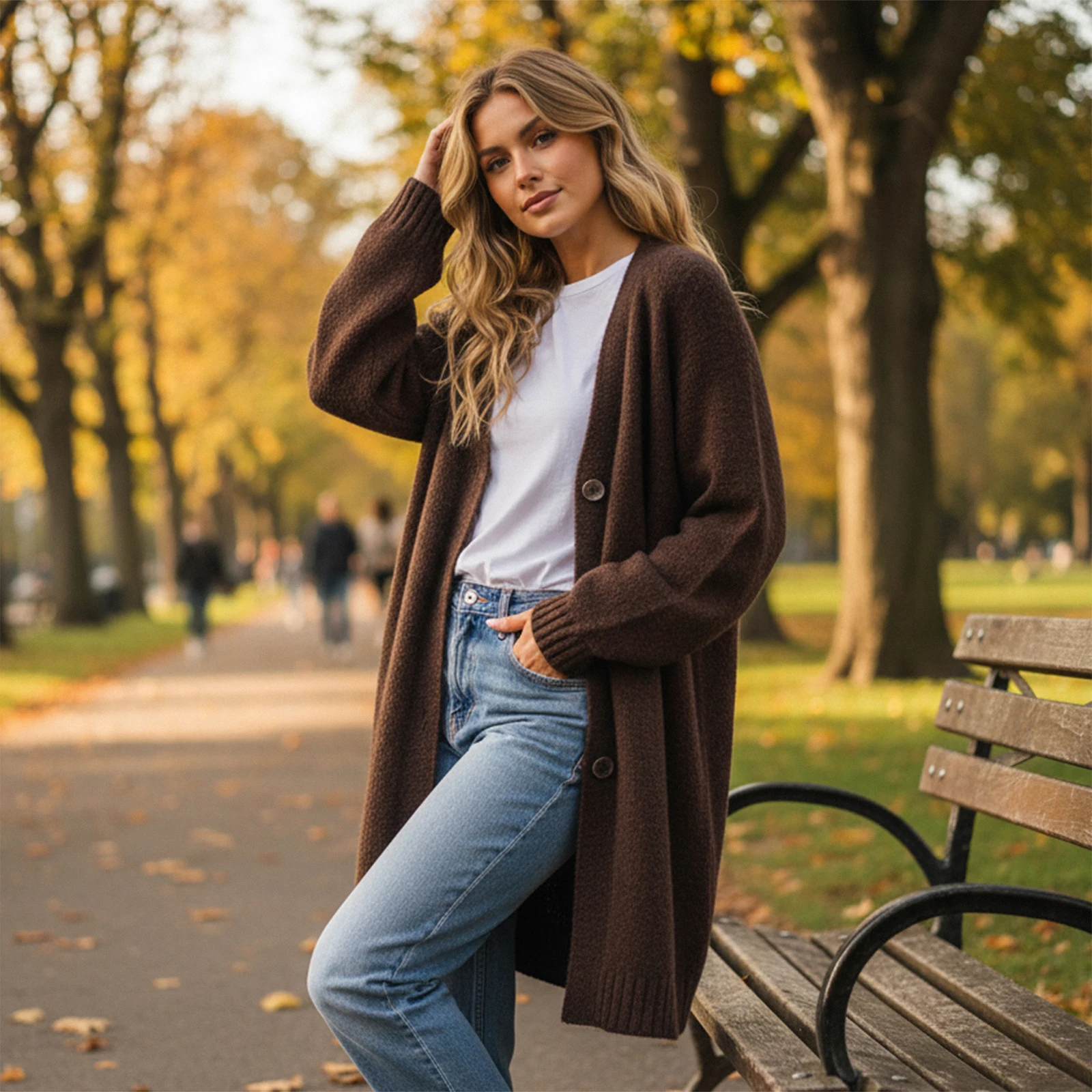 

Женский свободный вязаный кардиган премиум-класса с v-образным вырезом и длинными рукавами, однотонный свитер на пуговицах, куртка, верхняя одежда