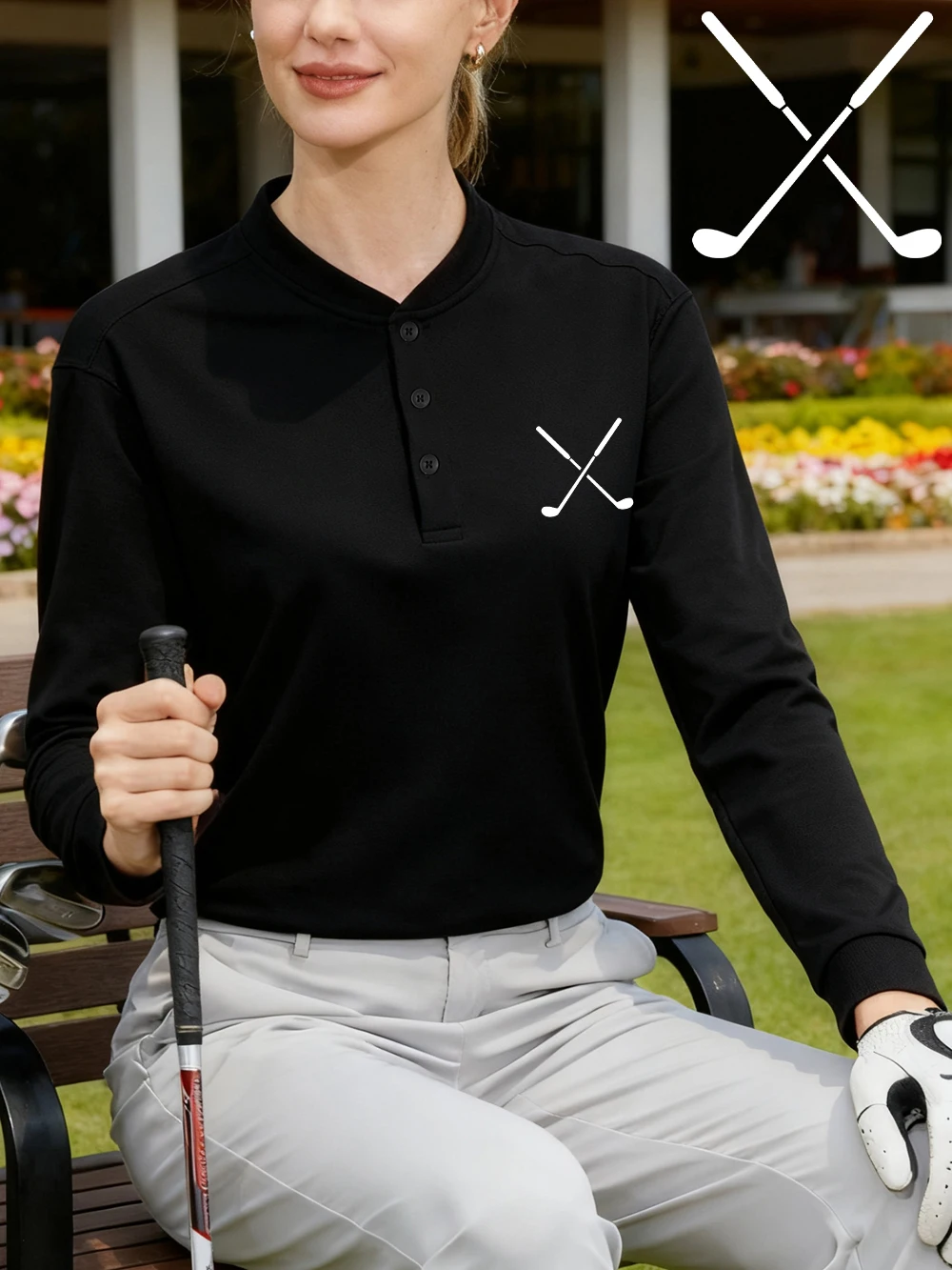 Golfschläger Druck Damen Henley Shirt Baumwolle Herbst Warme T-Shirts Sportliches Langarm-Unterhemd Basic Bequeme Damenoberteile