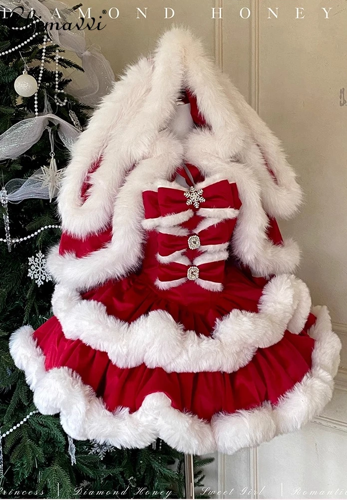 

New 2025 Winter Festival Christmas New Year Rabbit Ears Red Cloak Princess Cake Dress Furry Bow Women's Lolita Dress Suits