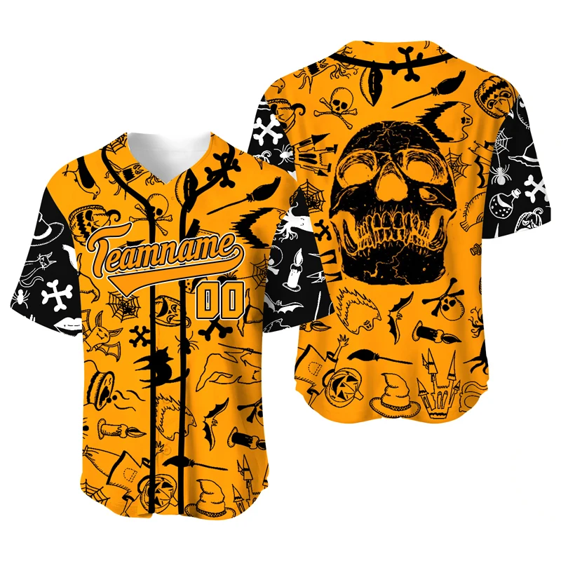 Orange Halloween Skull Men Shirt Baseball Jersey Blanks Plus Size Custom Hip Hop Streetwear T-Shirts Fashion Baseball Uniform