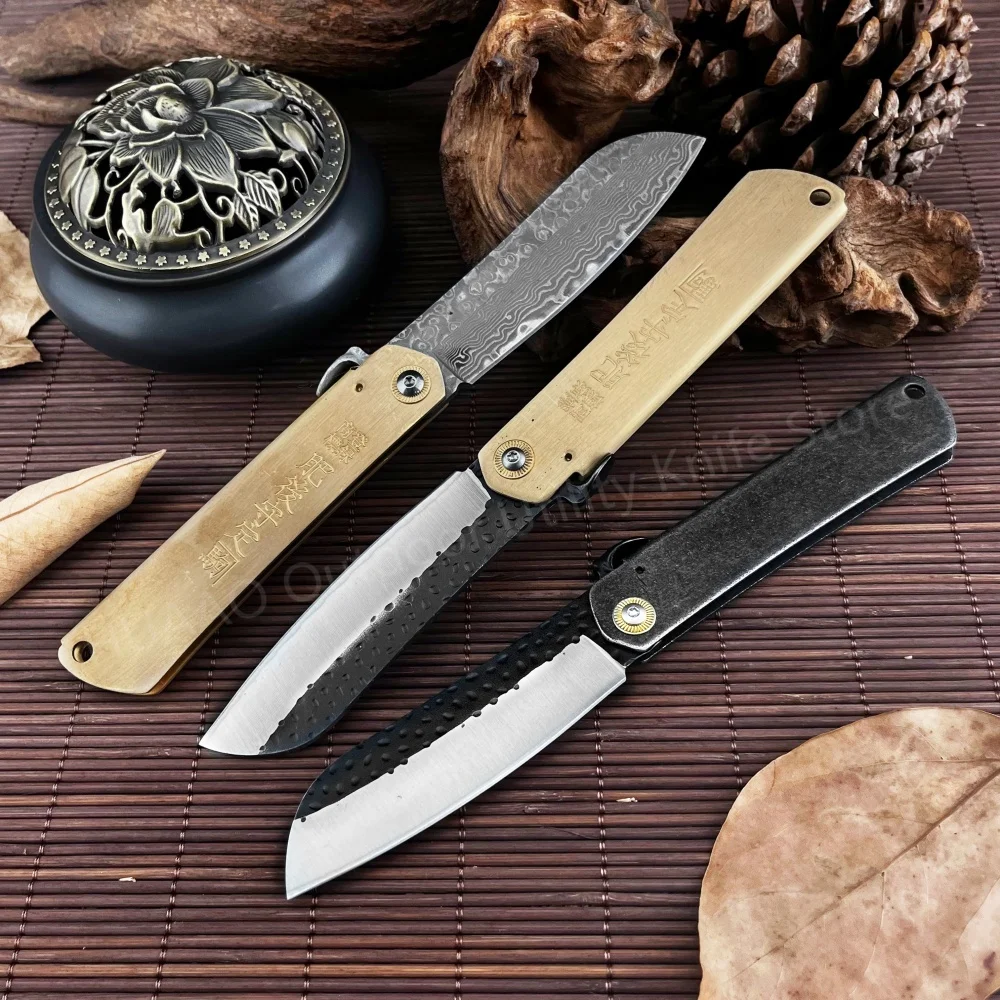 Hot Higonokami Folding Pocket Knife Damascus Steel Blade Brass Handle Outdoor Survival Knife Hunting Hiking Cutting Fruit Knife