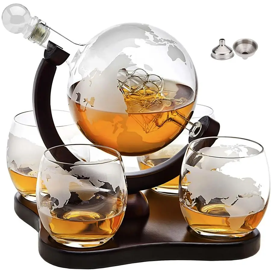 

Decanter Globe Set with 4 Etched Globe Whisky Glasses Gifts For Men Dad, Husband, Mancave for Liquor, Bourbon, Scotch, Vodka 850