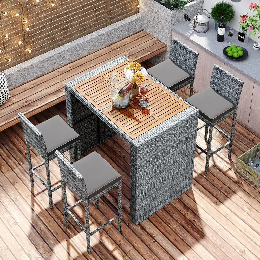 

ern 5-Piece Outdoor Patio Dining Set, Garden PE Rattan Wicker Bar Set, 4 Bar Height Chairs with Non-Slip eet and ixed Rope, Acac