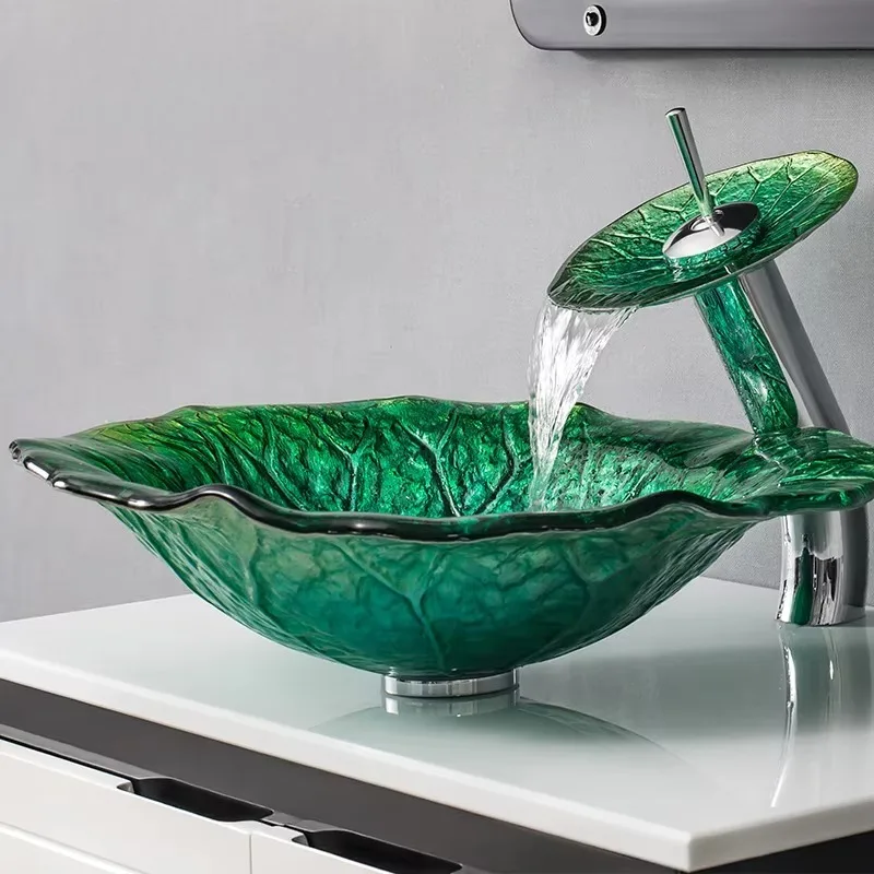 Hot Sale Modern Design Luxury Green Lotus Leaf Glass Art Washbasin Washbasin Price Cabinet Sink Bathroom Washbasin