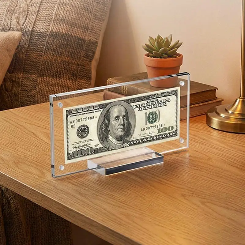 /Vly/Clear Acrylic Magnetic Dollar Bill Picture Frame Holder With Base For Display Collectible Showcase Sturdy