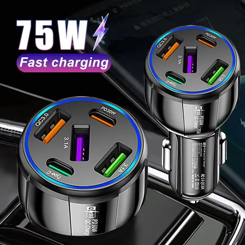 75W Universal Fast Car Charger - 5-in-1 Line Charger With 3USB+2PD Ports Universal Socket Adapter For Cars SUVs Trucks