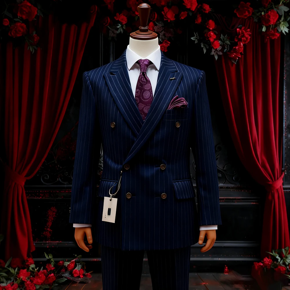 

Pinstripe Kids Suits Luxury Boy Blazer High Quality Double Breasted Peak Lapel Slim Fit Festival 2 Piece Jacket Pants Outfits