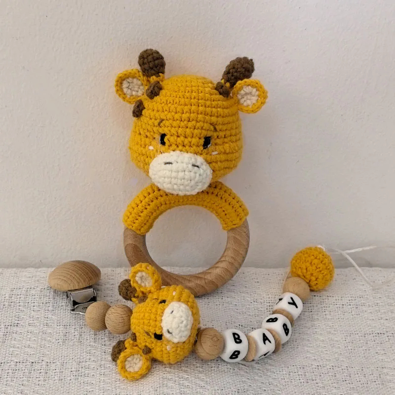 Crochet Giraffe Baby Rattle Newborn Bunny Rattle Toy Wooden Molar Teething Ring Pacifier Clips Chain Set Baby Stuff Dolls