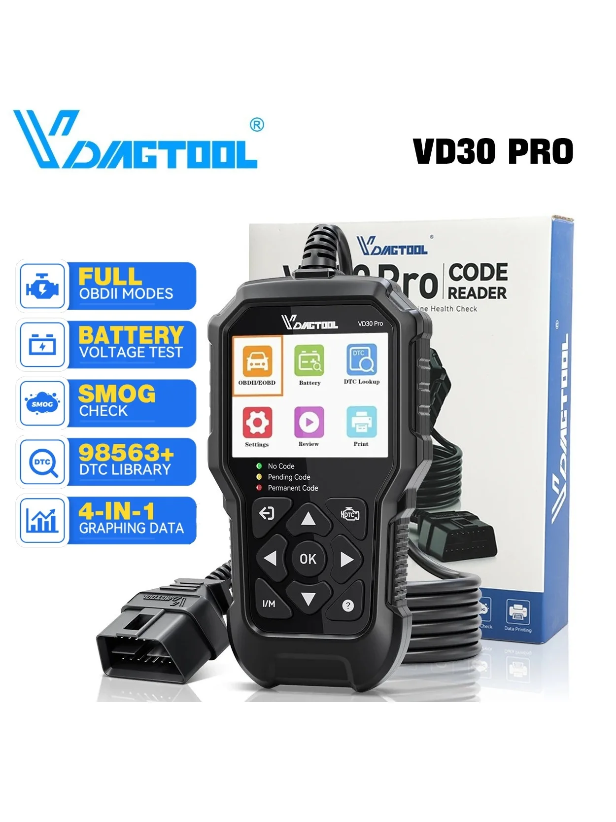 VDIAGTOOL VD30 Pro OBD2-scanner Autodiagnostisch hulpmiddel Codelezer Controleer de motorkodelezer I/M-gereedheid voor alle OBDII-voertuigen - afbeelding 2