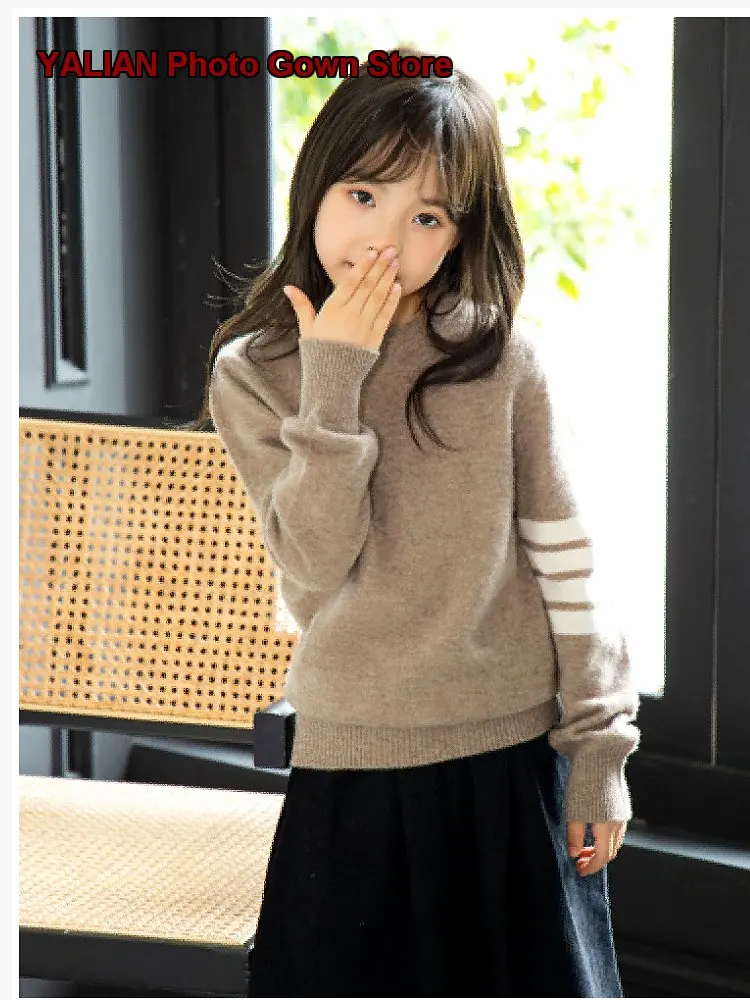 Boys Girls Cashmere Pullover Sweater Striped Long Sleeves College Style Academic Top Round Neck Kids