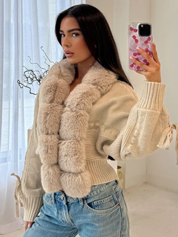 

Elegant Faux Fur Warm Jackets For Women Solid Color Long Sleeved Knitted Short Coat New Lady Daily Commuting High Street Outfits