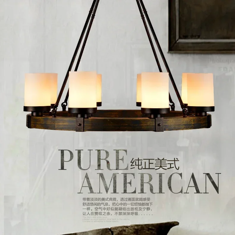 

ican country retro round wood sitting room droplight North European style restaurant, House Garden Industrial Chandelier