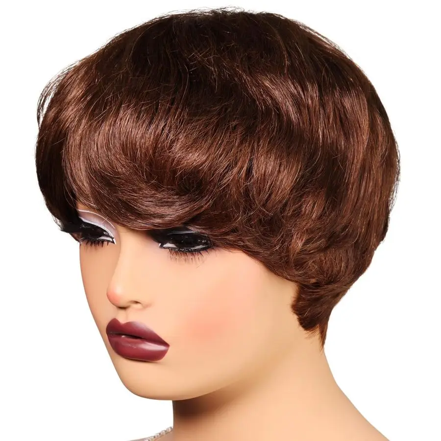 

Стрижка человеческих волос для чернокожих женщин Шоколадно-коричневые парики Человеческие волосы Волнистый парик Боб Стрижка Короткий свободный волнистый бесклеевой парик с челкой Нет Лак