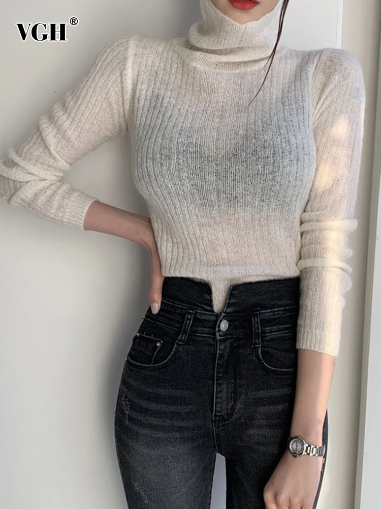 

VGH Solid Casual Knitting Sweaters For Women Turtleneck Long Sleeve Minimalist Slimming Pullover Sweater Female Fashion Style