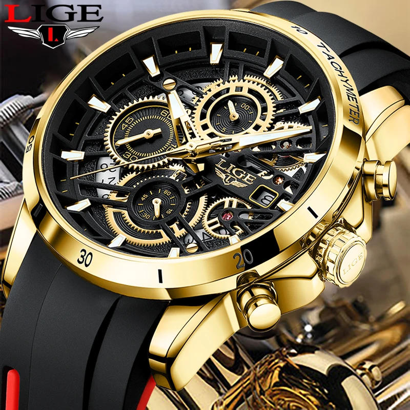 

LIGE Mens Watches Brand Luxury Silicone Strap Waterproof Sport Quartz Chronograph Military Watch Men Clock Relogio Masculino+BOX