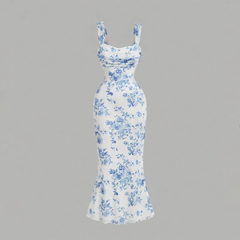 

Women Summer Floral Print Bodycon Dress Sexy Spaghetti Strap Beach Long Dress Woman French Elegant Sundress Y2k Sleeveless Dress