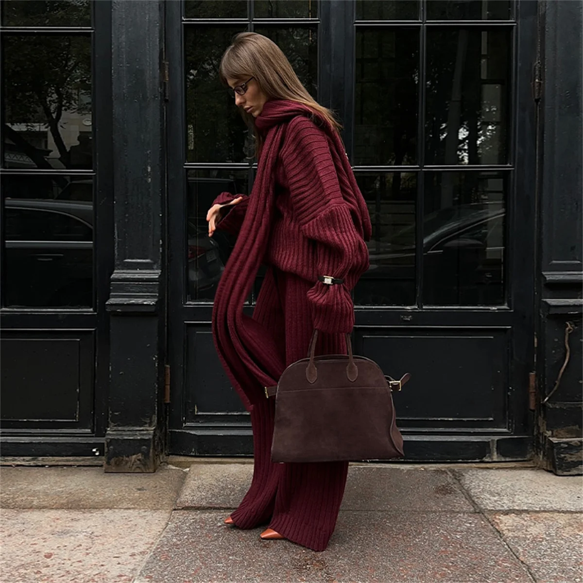 Elegant Knit Burgundy Red Set With Scarf Women Autumn Long Sleeve V-neck Loose 2 Pieces Top Set Elastic Wide Leg Pants Suit