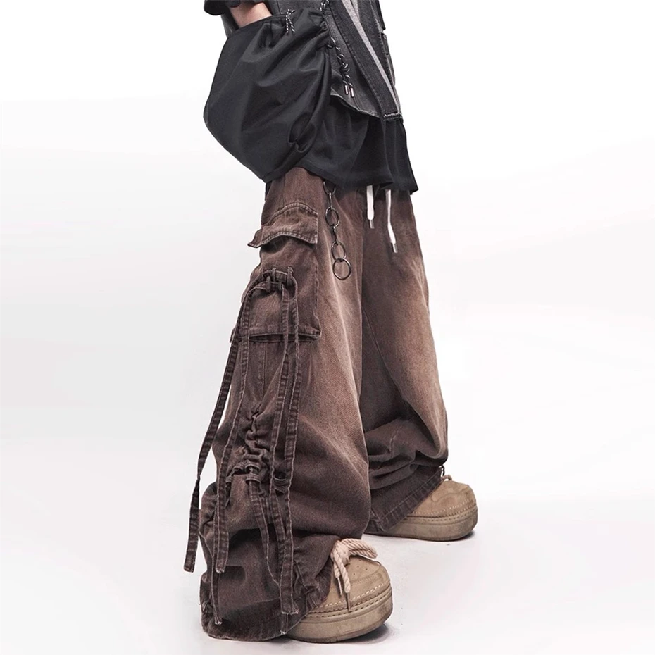 

Pockets Jeans Mens Streetwear Hip Hop Punk Wide-leg Trousers Harajuku Vintage Baggy Elastic Waist Casual Denim Pants Male