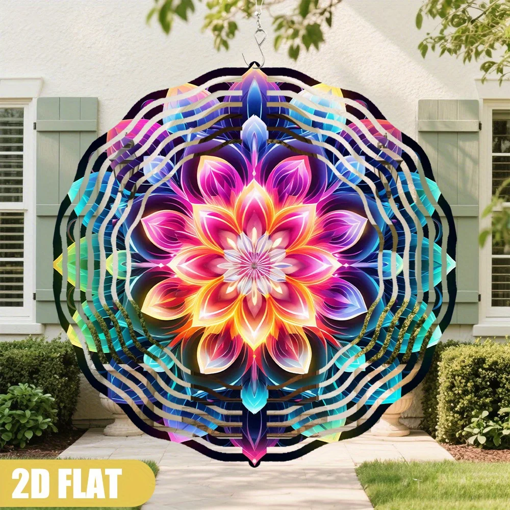2D Flat, 1pc Vibrant Mandala Flower Wind Chime - Round Metal Spinner with Colorful Geometric Design, 360° Rotating Hook Indoor